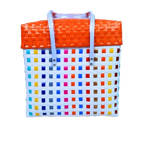 Image of Hand Made Multipurpose Plastic Basket with Lid | Eco-Friendly, Washable, Rust-Free Storage Basket for Kitchen, Picnic, Toys, Travel, Office | Lightweight basket (White with Orange, M)