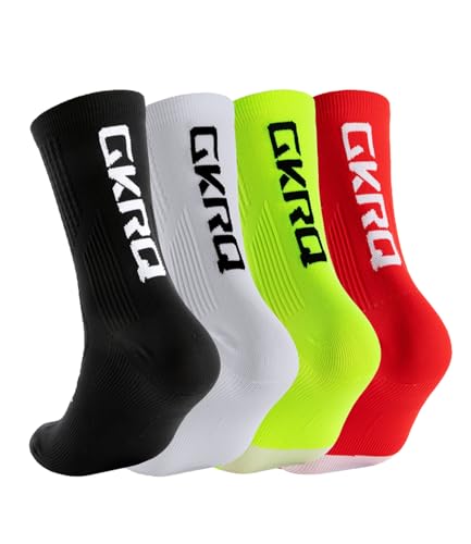 GKRQ Calcetines de Ciclismo, Pack de 4 Pares, Negro/Blanco/Verde/Rojo, Transpirables, Media Caña, Unisex Anti-Blister, Breathable, Quick-Drying - Arch Support - Durable Nylon - One Size Fits All