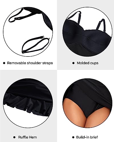 Holipick Women'S Black Tummy Control One Piece Swim Dress Strapless Swimsuit Bandeau Skirted Bathing Suits L thumb #4