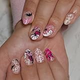 24 Pcs Halloween Nails Short Almond Press on Nails Pumpkin Ghost Fake Nails with Spider Web Bat Design Pink Cute Glue on Nail Full Cover French Tip Stick on Nail Halloween False Nail for Women Girls