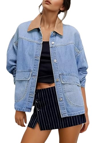 EVALESS Jean Jacket Women Trendy Color Block Denim Jacket Oversized Long Sleeve Button Down Barn Jackets Shacket Coat