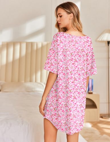 Image of Ekouaer Nightgowns for Women Bamboo Viscose Sleepshirt Short sleeve Nightshirt V Neck T shirt Night gown Boyfriend Sleepwear