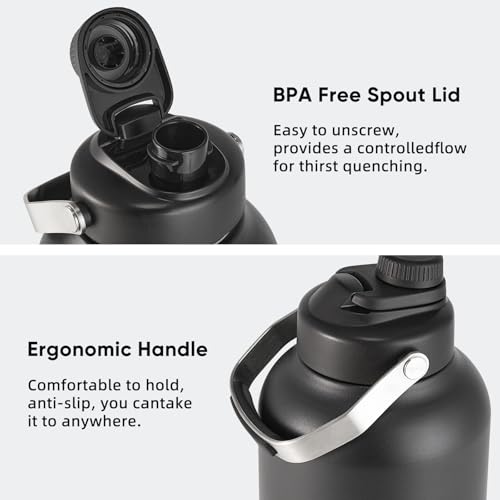 Image of One Gallon Water Bottle, 128oz Stainless Steel Insulated Water Bottle For Hot & Cold Drinks, BPA-Free, Wide Mouth, Leak-Proof Big Water Jug With Handle For Sports, Travel, Hinking & Camping, Black