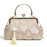 HACYURI ショルダーバッグ レディース 刺繍 シルク がま口 斜めがけ 成人式 結婚式 和装 着物 浴衣 ギフトに最適 (ホワイト)