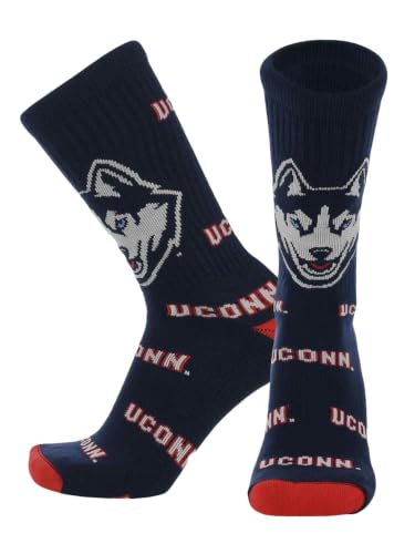 TCK UConn Huskies Crew Socks - Mens & Womens NCAA Fan Apparel - Mayhem (Navy/Scarlet/White Made in USA Large)