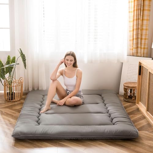MAXYOYO Japanese Floor Mattress Futon Mattress, 4' Thicken Tatami Mat Sleeping Pad Foldable Roll Up Mat Boys Girls Dormitory Pad Kids Floor Lounger Pillow Couch, Charcoal Grey, Full Size