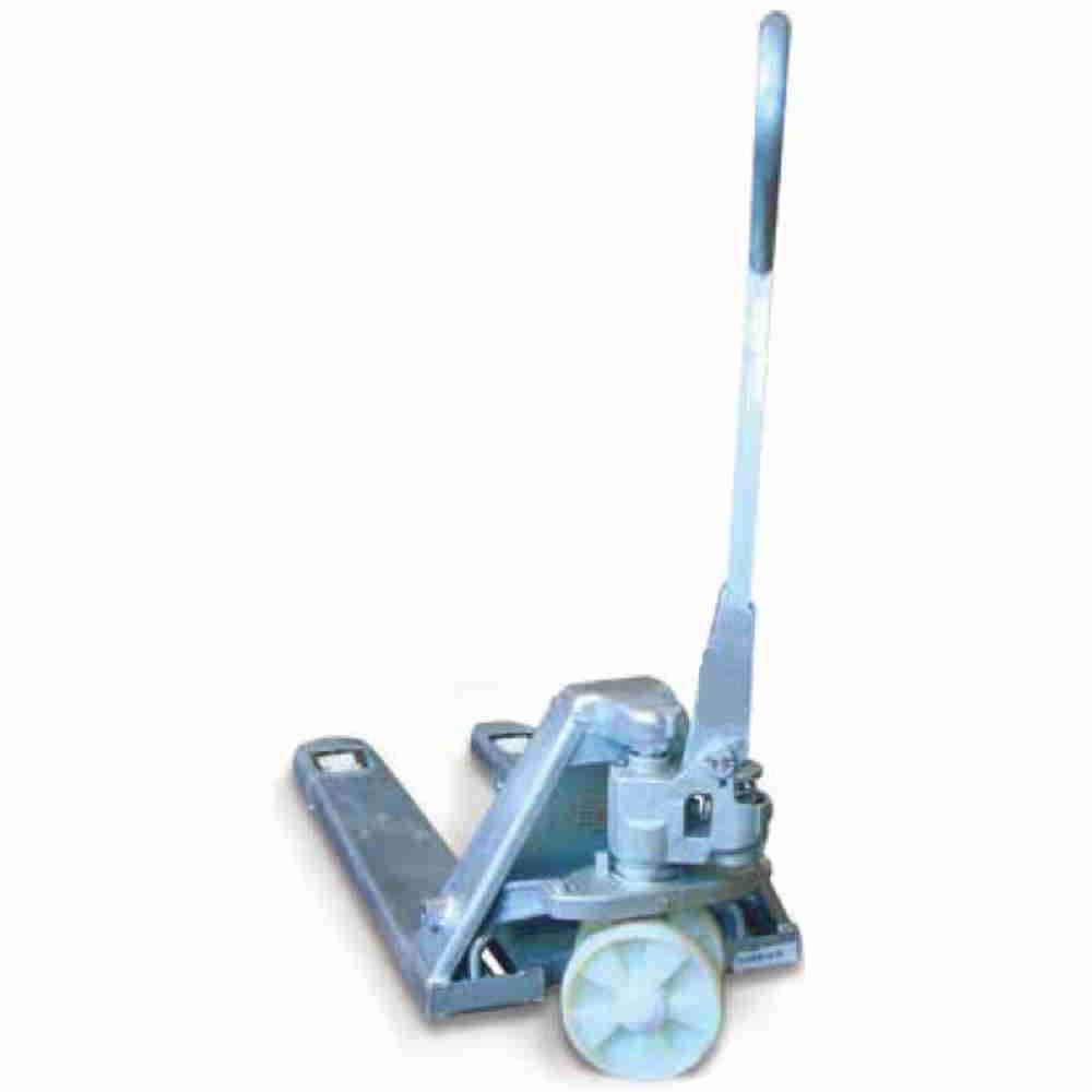 Transpallet manuale acciaio zincato caldo doppio rullo ambienti umidi uso alimentare chimico Kg.2500 forche mm.1150x540 ruote nylon resistenti a sale per magazzino azienda perni cuscinetti inox NL1/ZF
