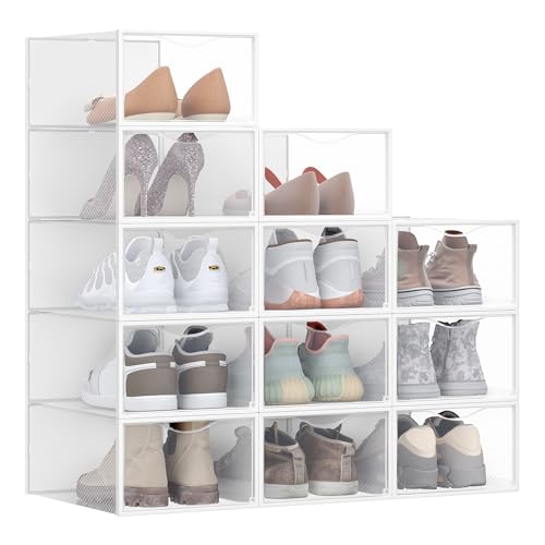 SONGMICS Clear Shoe Boxes Set of 12 Shoe Storage Organsiers Transparent Easy Assembly 33.2 x 23 x 14.5 cm for Shoes up to UK Size 9 Transparent and Cloud White LSP312W01