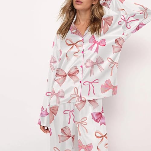 Piacakece Women 2 Piece Satin Pajama Set Cute Bow Print Long Sleeve Shirt Loose Shorts Matching Set Loungewear3