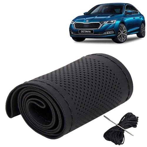 Image of KINGSWAY PU Leatherite Car Steering Cover Sewable Compatible with Skoda Octavia (Year 2019-2020), Black Color with Black Thread, Pack of 1 with Sewing Needle and Thread