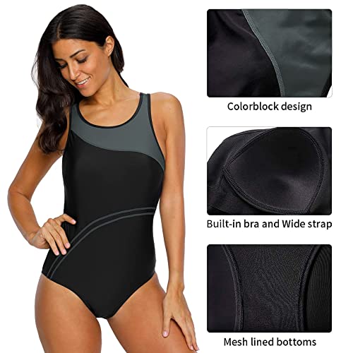 CharmLeaks Womens Athletic One Piece Bathing Suit Chlorine Resistant Workout Swimsuit M