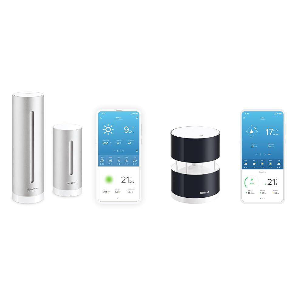 Netatmo Nws01-Ec Stazione Meteo Con Sensore Esterno Wireless, Bianco Argento & NWA01-WW Wind Gauge - Anemometro Intelligente per Stazione Meteo Netatmo