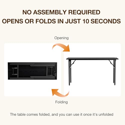 Image of TEMI Long Computer Desk Folding Table - No Assembly, Compact 55.1 inch Foldable Desk with Power Outlets & USB Charging Port, Portable Lagre Office Desk, Study Table for Narrow Spaces, Dark Oak