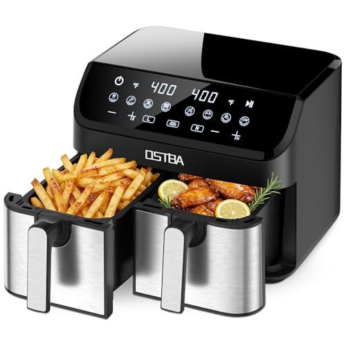Image of OSTBA 9.5QT Double Air Fryer, 1700W Dual Air Fryer with 2 Independent 4.25QT Stainless Steel Baskets, Digital Touchscreen, Sync Finish, 8 Presets, Auto Shutoff, Nonstick Dishwasher Safe