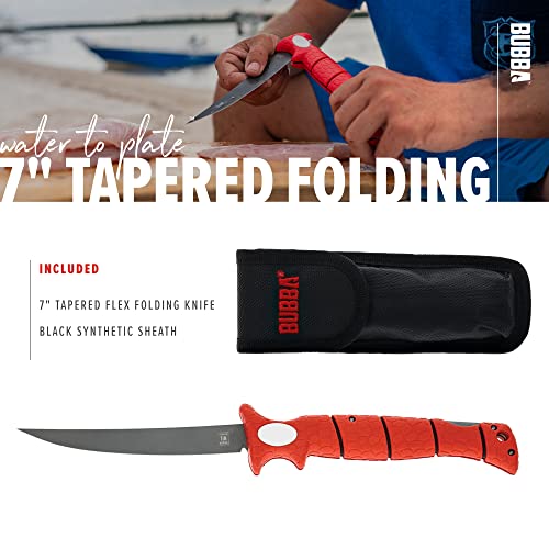 Bubba 7" Tapered Flex Folding Knife With Non-Slip Grip Handle, Offset Full Tang Stainless Steel Blade, Lanyard Hole And Synthetic Sheath For Fishing #TOP5