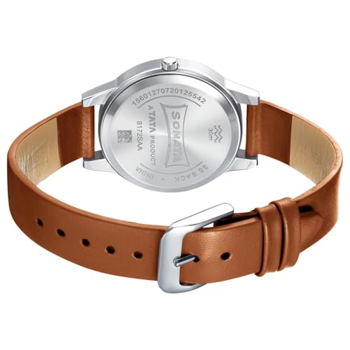 Image of Sonata Excl Fkt Plain 3 Hands Silver Round Dial Tan A1Leather Strap Women's Watch - NS8172SL02