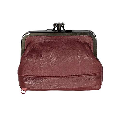 LOLUNA® Porte-Monnaie Femme Cuir Agneau Souple, Fermoir clic-clac modèle Retro, Compartiment Fermeture, Plat et Compact, Couleurs au Choix - Bordeaux