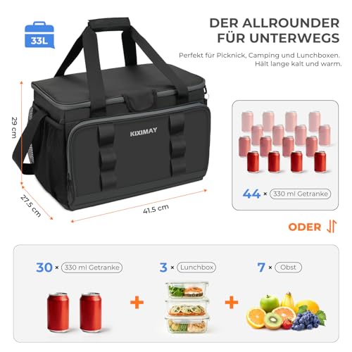 kiximay 33L Kühltasche, Premium Isolierte Kühlbox – 24+ Stunden Kalt, Faltbar, Wasserdicht & Auslaufsicher – Ideal für Camping, Picknick, Strand, BBQ & Auto