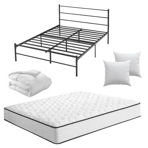 CEYIRO Ensemble Matelas 160x200 et Lit 160x200cm et Couette 220x240 et 2Oreillers60x60cm (Pack Matelas 160x200+Lit Métal avec Tête)