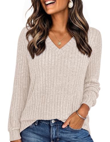 Ekouaer V Neck Long Sleeve Shirts for Women Casual Fitted Ribbed Tops Beige - image 1