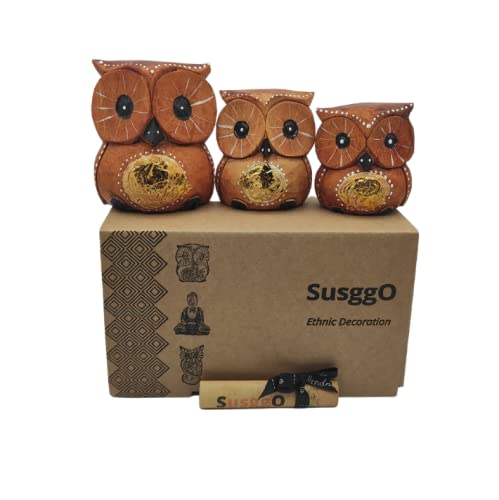 SusggO Lot de 3 hiboux décoratifs en bois, décoration, sculpté à la main, porte-bonheur, idée artisanale, décoration de meuble (marron détails dorés)