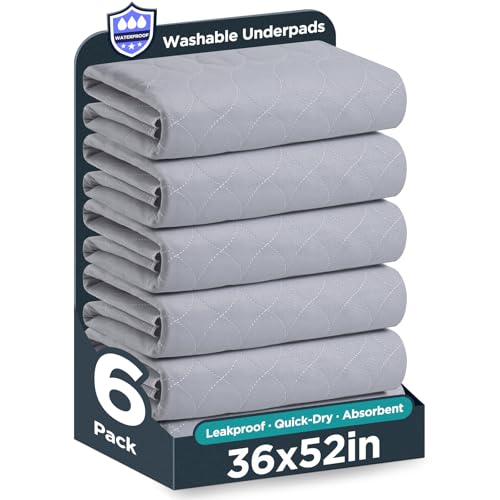 Image of Washable Bed Pads 36 inch x 52 inch - 6 Pack, Grey, Waterproof Bed Pads for Incontinence, Bed Wetting Pads for Bed, Sofa, Floor, Resuable Underpads for Adults, Seniors, Pet