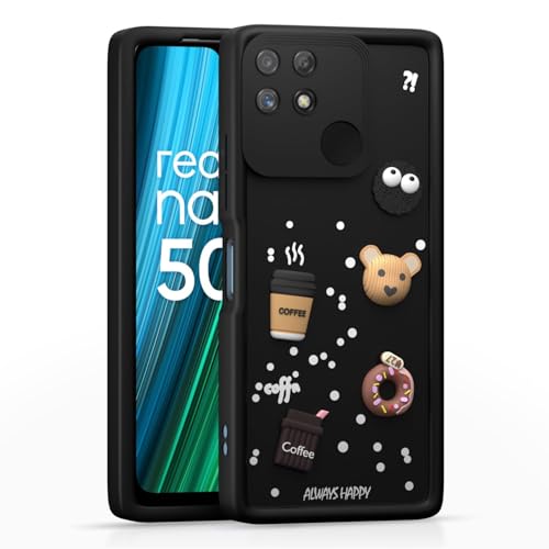 Image of Bintage Cute Fun Taddy| 3D Ball Bear| Donut| Coffee Rubber Case Camera Protection Back Cover Compatible for Realme Narzo 50A - Black