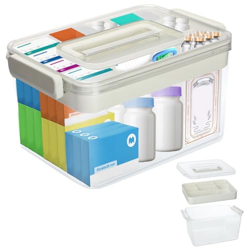 Clyfanesy Caja de almacenamiento de medicamentos de 2 capas, contenedores de almacenamiento de medicamentos de gran capacidad con asa de tapa, contenedor de almacenamiento portátil para medicamentos