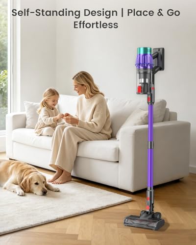 Image of Cordless Stick Vacuum Cleaner, 650W 55KPA Up to 70Min Runtime, Green Light Anti-Tangle Brush, 7-Stage HEPA Filtration, Lightweight for Pet Hair Carpet Hard Floors (Purple)