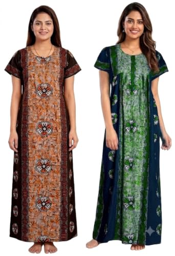 Image of Keyocean Women's Cotton Printed Maxi Nighty, Full Length Night Gown for Women, Comfortable Nightwear and Sleepwear, Free Size, Pack of 2
