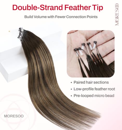 Image of Moresoo Microlink Hair Extensions, Feather Tip, Caramel Balayage, 18 Inch