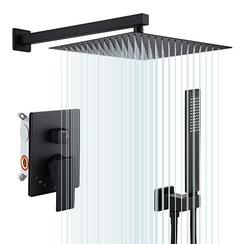 Shower System 12 Inch Rain Shower Head with Handheld Spray Shower Faucets Sets Complete Pressure Balance Shower Valve and Trim Kit Matte Black, XB6230S12-BK