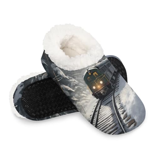 OMFUNS House Slippers for Women Men Winter Fuzzy Memory Foam Slippers Indoor Warm Full Slippers (Locomotive Train, Winter Train)