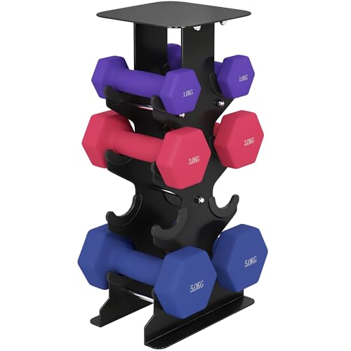 SPORTNOW Juego de 3 pares de mancuernas con soporte de almacenamiento, mango antideslizante, 1-5 kg, juego de mancuernas hexagonales para entrenamiento en casa, gimnasio
