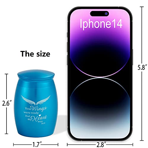Image of Blue Mini Urns for Human Ashes Male /Female with Angel Wings | 2.7Inch Aluminum Small Urns for Human Ashes,Small Memorial Token Urn with Velvet Bag - A Perfect Tribute & Gift for Families