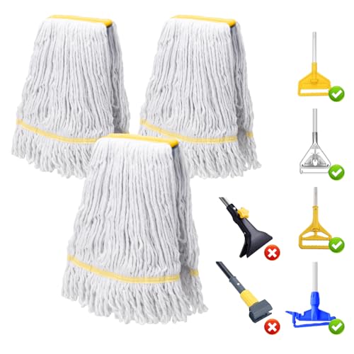 KeFanta 3 Pack Heavy Duty Commercial Mop Head Replacement Wet Industrial Cotton Looped End String Mops Refill for Floor Cleaning Yellow