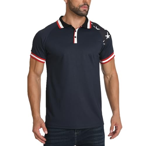 H HYFOL Short Sleeve Polo Shirts for Men Star Patchwork Graphic Stretch Casual American Patriotic Raglan Golf Polos for Men3