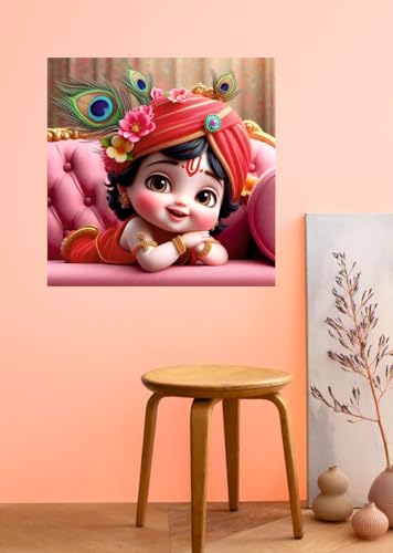 Image of Akki Wold Cute Red Krishna sleeping On Soffa With 3-Feather Wall Poster For Living Room, Office, Pooja Room (Size - 41CM X 41CM)