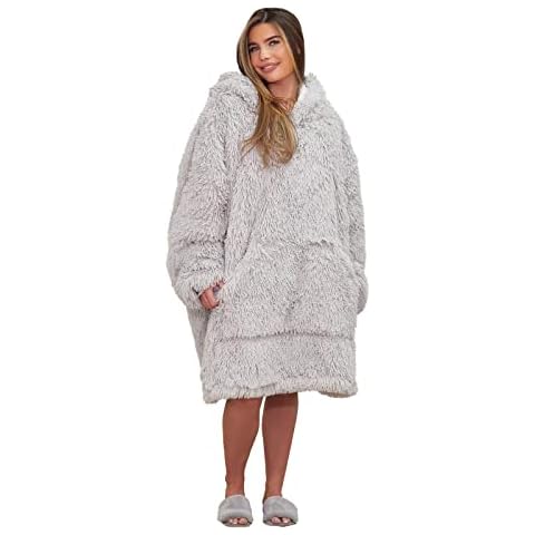 Sienna Fluffy Long Fibre Fleece Sherpa Lined Super Soft Hoodie Blanket Unisex Oversized Jumper Throw, Silver Grey - Adults Cover