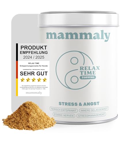 mammaly Relax Time Futtertopping für Hunde - beruhigendes Pulver & Topping mit Baldrian Melisse & L-Tryptophan bei Stress & Silvester - 150g inkl. Messlöffel Konzentrat bis 2 Monate Reichweite