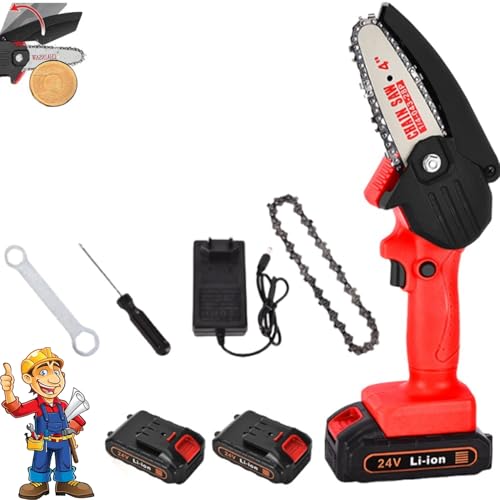 Wood Ranger - Mini motosierra inalámbrica 2025 mejorada de 4 pulgadas con 2 baterías y 2 cadenas, portátil para podar árboles, patio, jardín y corte de madera de bricolaje (rojo + caja de papel + 2