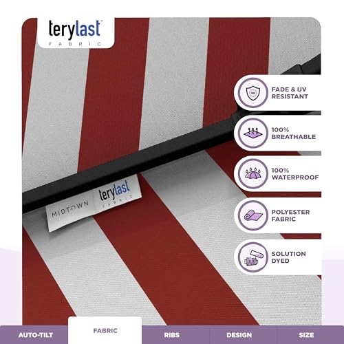 Image of Midtown Umbrellas - 10-Year-No-Fade 6 Ft Patio Umbrella with Terylast Fabric, Auto-Tilt Aluminum Frame and 8 Reinforced Ribs for Deck, Pool, Garden & Beach - Red /White Stripes Canopy, Black Pole