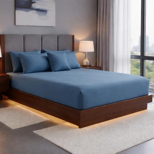 Image of 400TC Cotton Feel Glace Cotton Double Bed Elastic Fitted Bedsheet King Size Set || Includes 1 Solid Plain Fitted Bedsheet King Size with 2 Pillow Covers (78 x 72 Inches, Mist Blue)