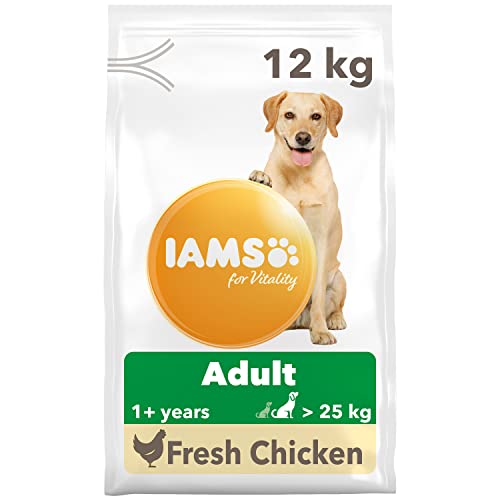 Iams Vitality - Croquettes pour Chiens Adultes Grande Race - Favorise Santé et Vitalité - Faible en Graisses - Au Poulet Frais – Sans : OGM, Colorant, Arôme Artificiel, Blé - 12kg