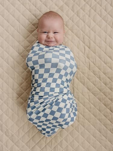Image of Mebie Baby Blue Checkered Stretch Swaddle, Modern and Neutral Swaddle Blanket for Baby Girl or Boy, Soft Baby Blankets, Newborn Swaddle Blanket, 0-3 Month, Comfy Wrap, Baby Essentials (47 inch x 47 inch)