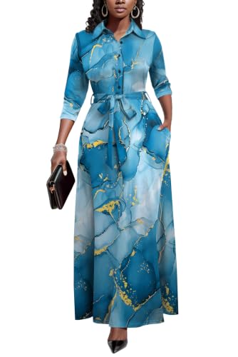 Runwind African Dresses for Women, 3/4 Sleeve Lapel Neck Businees Casual Maxi Dress with Pockets and Belt Elegant