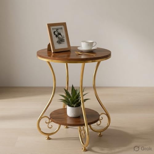 Image of Modern Double-Top Coffee Table with Rustic Farmhouse Accent, Multipurpose Living Room Bedroom, Two-Tier Small Sofa Side Bedside Table with Metal Frame Nightstand (Gold Brown)