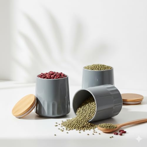 The Better Home Ceramic Set, Bamboo Lids | 280ML x3, Grey | glass jar | glass jar for kitchen storage | Jars containers | jar set for kitchen | ceramic jars Kitchen storage The Better Home Ceramic Set, Bamboo Lids | 280ML x3, Grey | glass jar | glass jar for kitchen storage | Jars containers | jar set for kitchen | ceramic jars Kitchen storage
