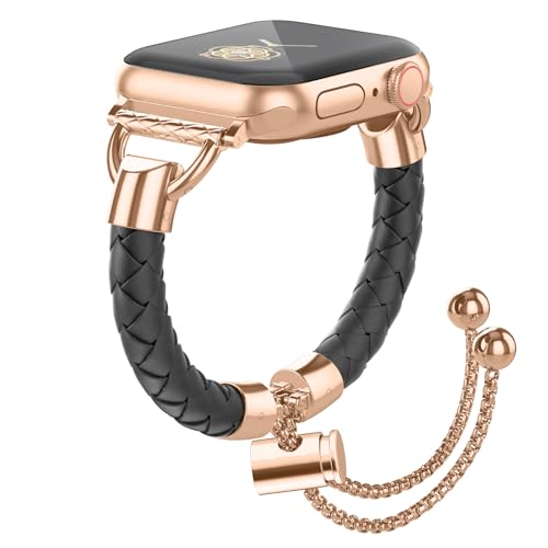 Image of Leather and Metal Band Compatible with Apple Watch Bands for Women,Adjustable Designer Cute Stylish Strap for iWatch Series11 /10 /9 /8 /7 /6 /5 /4 /3 /2 /1 /SE /Ultra