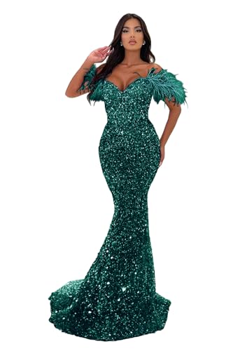 Image of Sequin Feathers Mermaid Prom Dresses 2026 Off Shoulder Sparkly Long Formal Evening Party Gowns with Train
